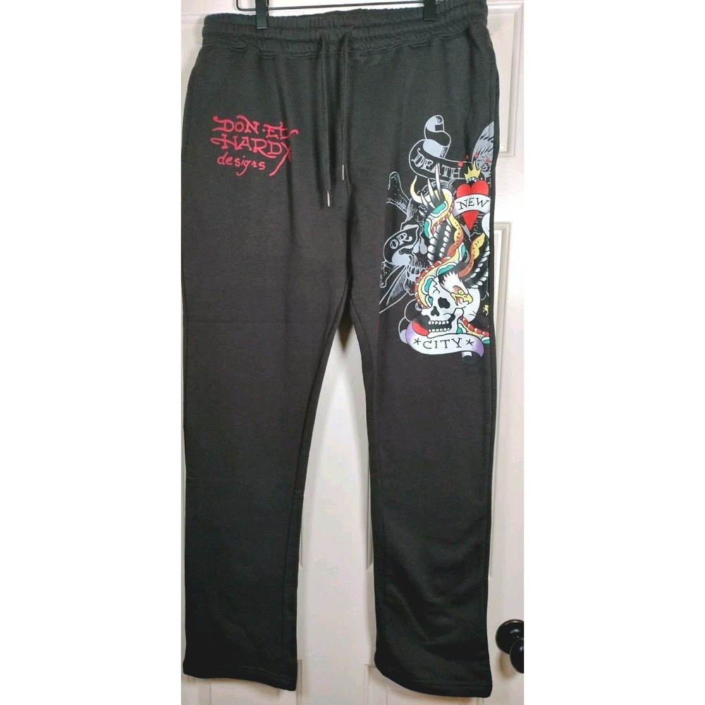 ED Hardy Sweatpants Mens Large Black Cotton Graphic Skull Death or City Logo